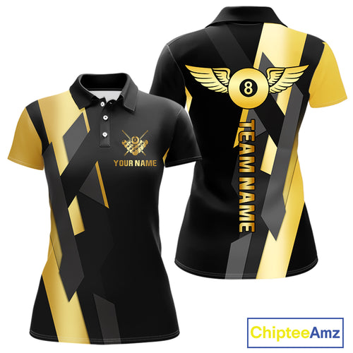 Black And Golden 8 Ball Wings Billiard Shirt For Women Custom Pool Team Jersey Polo & Quarter Zip TDM4203