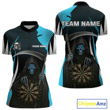 Load image into Gallery viewer, Personalized Blue Grim Reaper Dart Shirt For Women Custom Skull Dart Jerseys Team Polo &amp; 1/4 Zip TDM4210