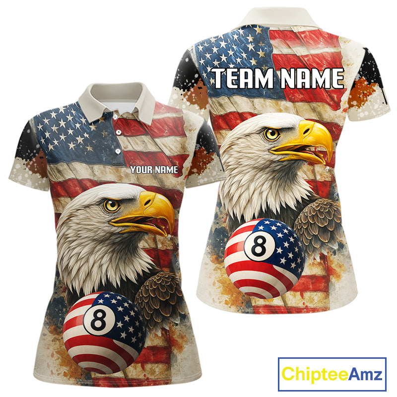 Personalized Patriotic Eagle 8 Ball Billiard Shirt For Women, Vintage American Flag Pool Team Jersey TDM4218