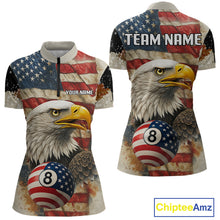 Load image into Gallery viewer, Personalized Patriotic Eagle 8 Ball Billiard Shirt For Women, Vintage American Flag Pool Team Jersey TDM4218