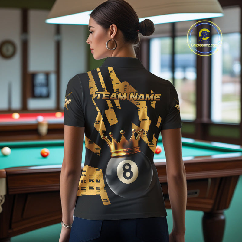 Black And Golden 8 Ball Crown Billiard Shirt For Women Custom Pool Team Jerseys Polo & Quarter Zip TDM4371