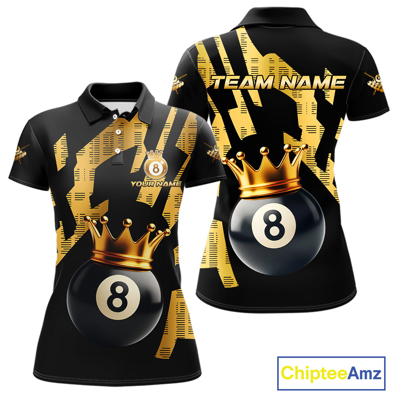 Black And Golden 8 Ball Crown Billiard Shirt For Women Custom Pool Team Jerseys Polo & Quarter Zip TDM4371