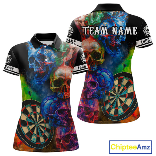 Funny Colorful Skull Darts Shirt For Women Custom Darts Team Jersey Polo & 1/4 Zip, Darts Outfit TDM4378