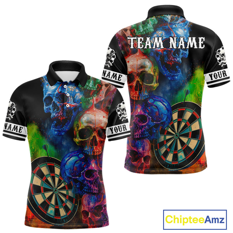Funny Colorful Skull Darts Shirt For Men Custom Darts Team Jersey Polo & 1/4 Zip, Darts Outfit TDM4378