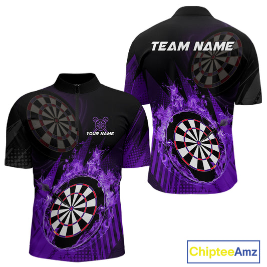 Purple Dartboard Fire Flame Darts Shirt For Men Custom Dart Jersey, Dart Team Shirt Polo & 1/4 Zip TDM4801