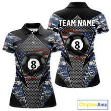 Load image into Gallery viewer, Personalized Blue Camo 8 Ball Pool Billiard Shirt For Women, Patriotic US Flag Billiard Team Jersey TDM4223