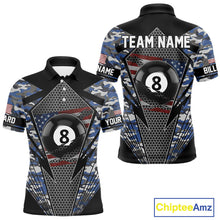 Load image into Gallery viewer, Personalized Blue Camo 8 Ball Pool Billiard Shirt For Men, Patriotic US Flag Billiard Team Jersey TDM4223