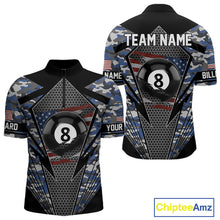 Load image into Gallery viewer, Personalized Blue Camo 8 Ball Pool Billiard Shirt For Men, Patriotic US Flag Billiard Team Jersey TDM4223