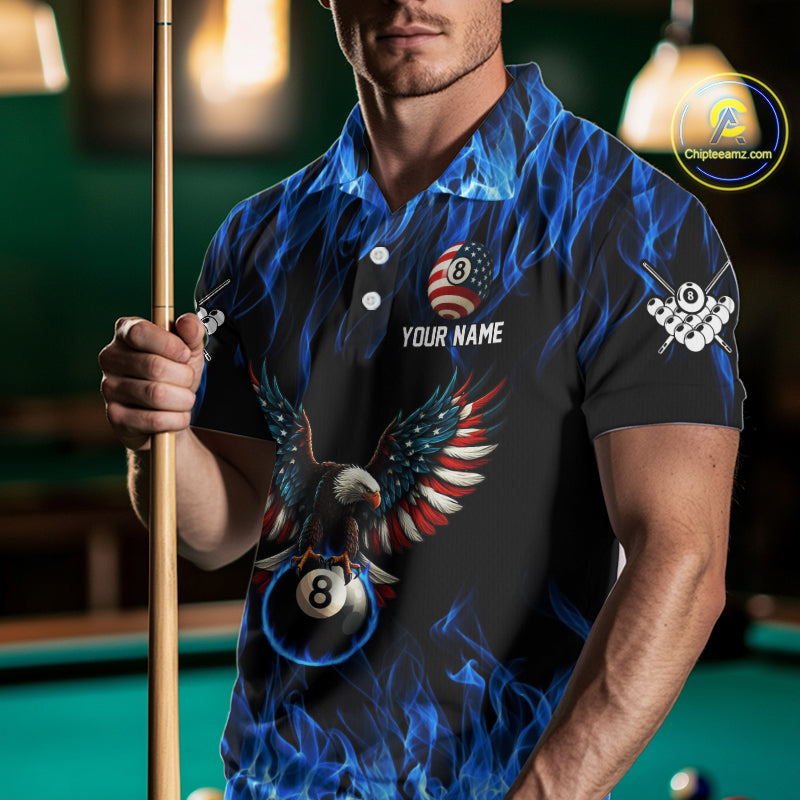Blue Flaming American Flag Eagle 8 Ball Billiard Shirt For Men Custom Patriotic Pool Team Jersey TDM4231