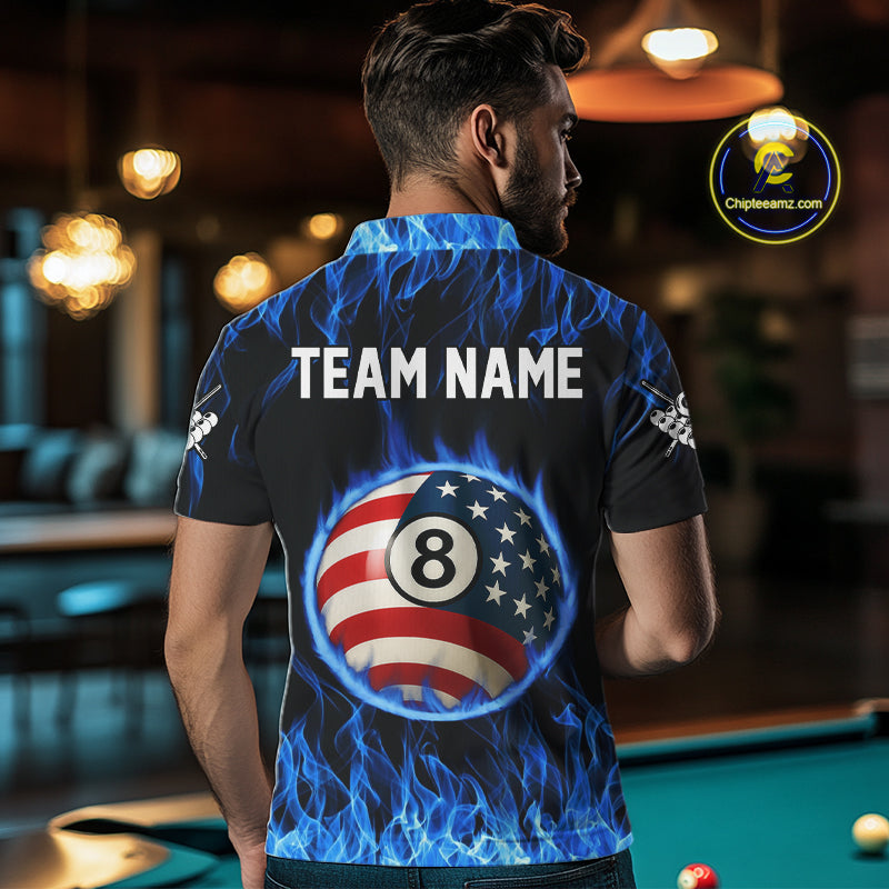 Blue Flaming American Flag Eagle 8 Ball Billiard Shirt For Men Custom Patriotic Pool Team Jersey TDM4231
