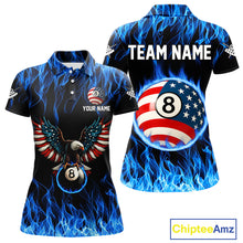 Load image into Gallery viewer, Blue Flaming American Flag Eagle 8 Ball Billiard Shirt For Women Custom Patriotic Pool Team Jersey TDM4231