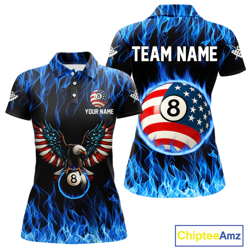 Blue Flaming American Flag Eagle 8 Ball Billiard Shirt For Women Custom Patriotic Pool Team Jersey TDM4231