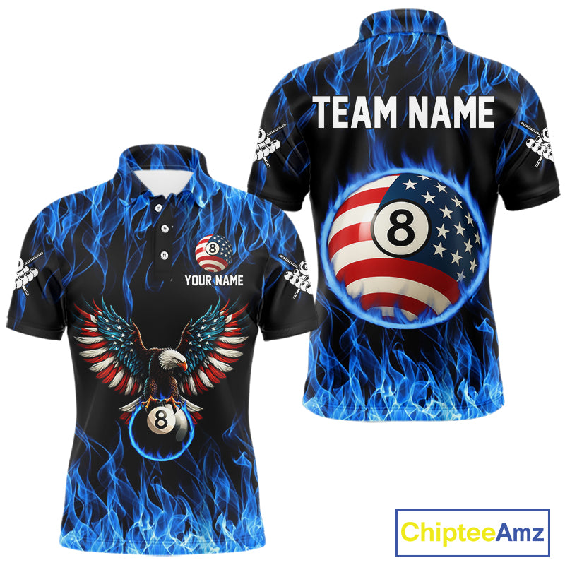 Blue Flaming American Flag Eagle 8 Ball Billiard Shirt For Men Custom Patriotic Pool Team Jersey TDM4231