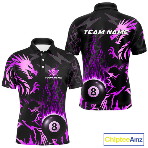 Black And Purple Flaming 8 Ball Pool Shirt For Men Custom Dragon Billiard Jersey Polo & 1/4 Zip TDM4813