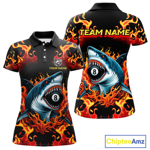 Customized Orange 8 Ball Pool Flame Shark Billiard Shirt For Women, Pool Team Jersey Polo & 1/4 Zip TDM4394