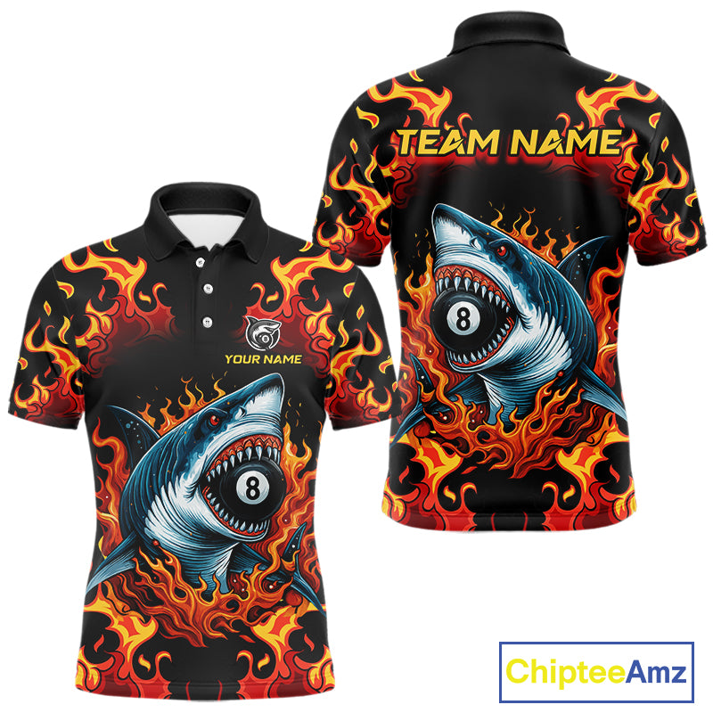 Customized Orange 8 Ball Pool Flame Shark Billiard Shirt For Men, Pool Team Jersey Polo & 1/4 Zip TDM4394