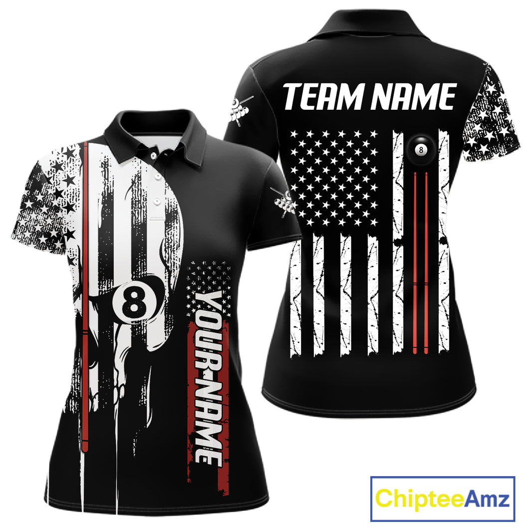 Personalized 8 Ball Skull Billiard Shirt For Women, American Flag Pool Team Jerseys Polo & 1/4 Zip TDM4629