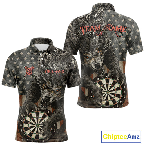 Personalized Vintage American Flag Wolf Darts Shirt For Men, Patriotic Dart Team Jerseys TDM4243