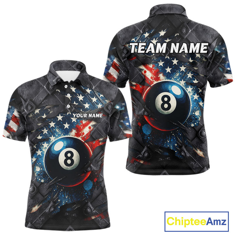 Personalized Grunge American Flag 8 Ball Billiard Shirt For Men Custom Patriotic Pool Team Jersey TDM4419