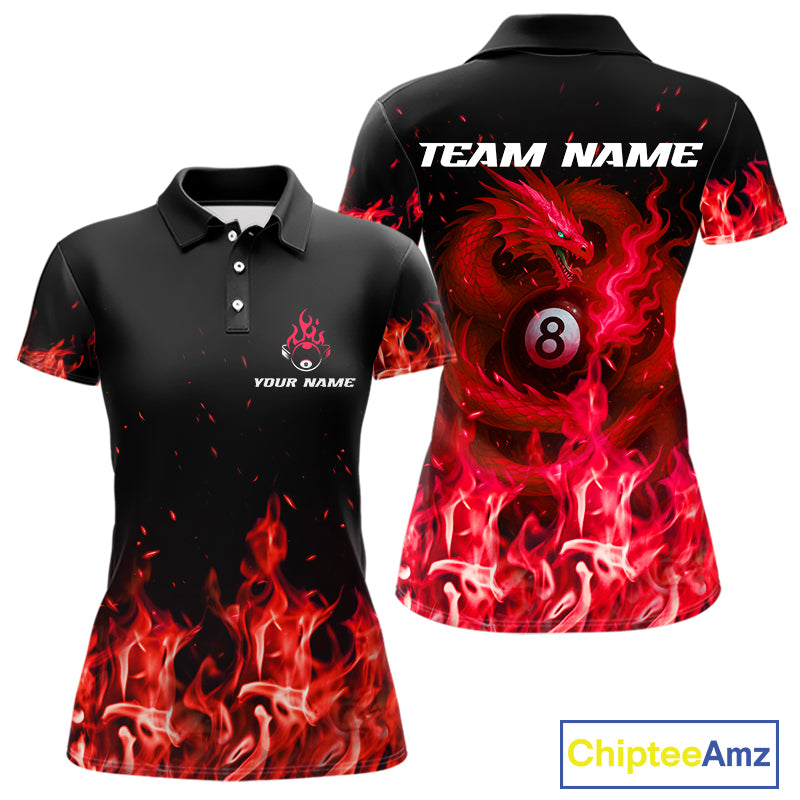 Personalized Red Flaming Dragon Billiard Shirt For Women, 8 Ball Pool Billiard League Team Jerseys TDM4245