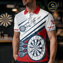 Load image into Gallery viewer, Personalized Red, White &amp; Navy Darts Shirt For Men Custom Sport Darts Team Jerseys Polo &amp; 1/4 Zip TDM4250