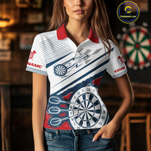 Load image into Gallery viewer, Personalized Red, White &amp; Navy Darts Shirt For Women Custom Sport Darts Team Jerseys Polo &amp; 1/4 Zip TDM4250