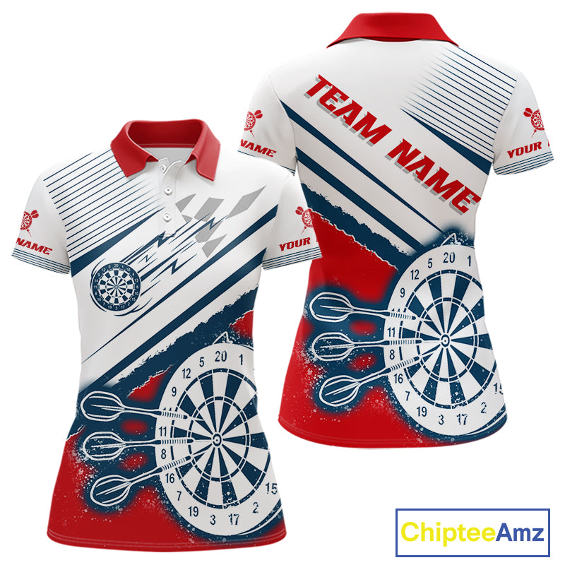 Personalized Red, White & Navy Darts Shirt For Women Custom Sport Darts Team Jerseys Polo & 1/4 Zip TDM4250