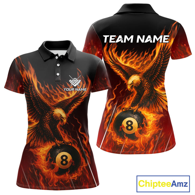 Customized Orange 8 Ball Fire Flame Eagle Billiard Shirt For Women, Pool Team Jersey Polo & 1/4 Zip TDM4427