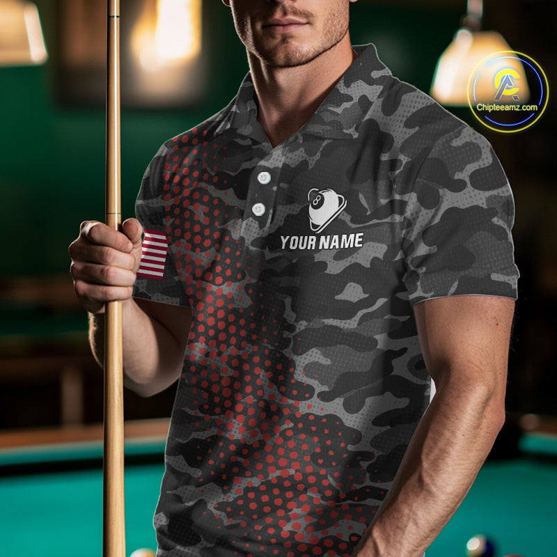 Personalized Red & Grey Camo Billiard Shirt For Men, 8 Ball Billiard Jersey Team Polo & 1/4 Zip TDM4431