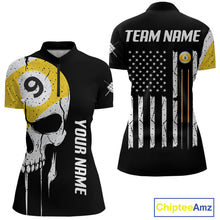 Load image into Gallery viewer, Personalized 9 Ball Skull Billiard Shirt For Women, American Flag Pool Team Jerseys Polo &amp; 1/4 Zip TDM4257