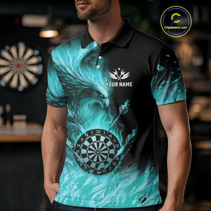 Turquoise Flaming Phoenix Darts Jerseys Custom Darts Shirt For Men, Darts Team Polo & Quarter Zip TDM4662