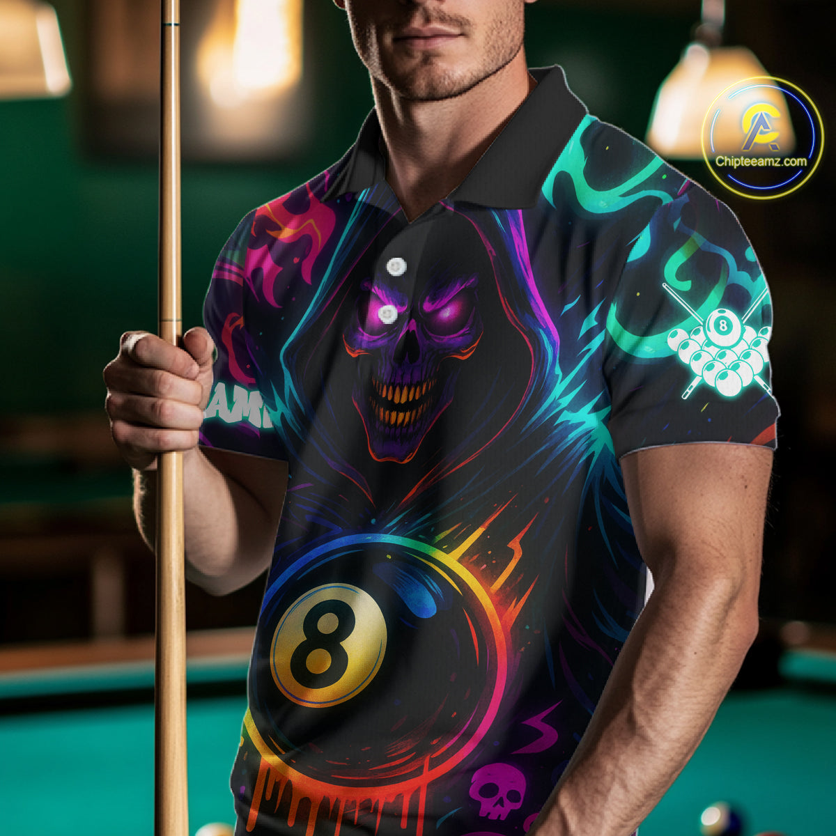 Colorful Neon Grim Reaper 8 Ball Pool Billiard Shirt For Men Custom Billiard Team Jersey TDM4668