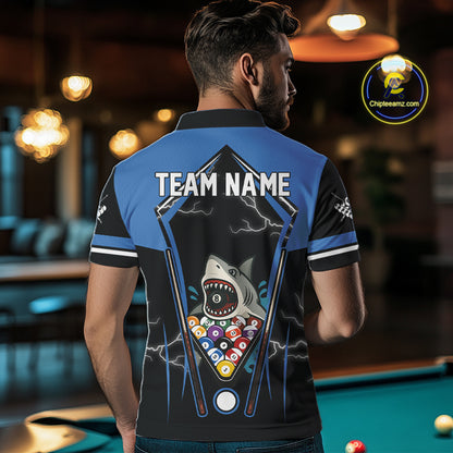Black Blue Funny Pool And Shark Billiard Shirts For Men Custom 8 Ball Billiard Team Jerseys TDM4081