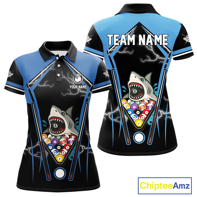 Black Blue Funny Pool And Shark Billiard Shirts For Women Custom 8 Ball Billiard Team Jerseys TDM4081