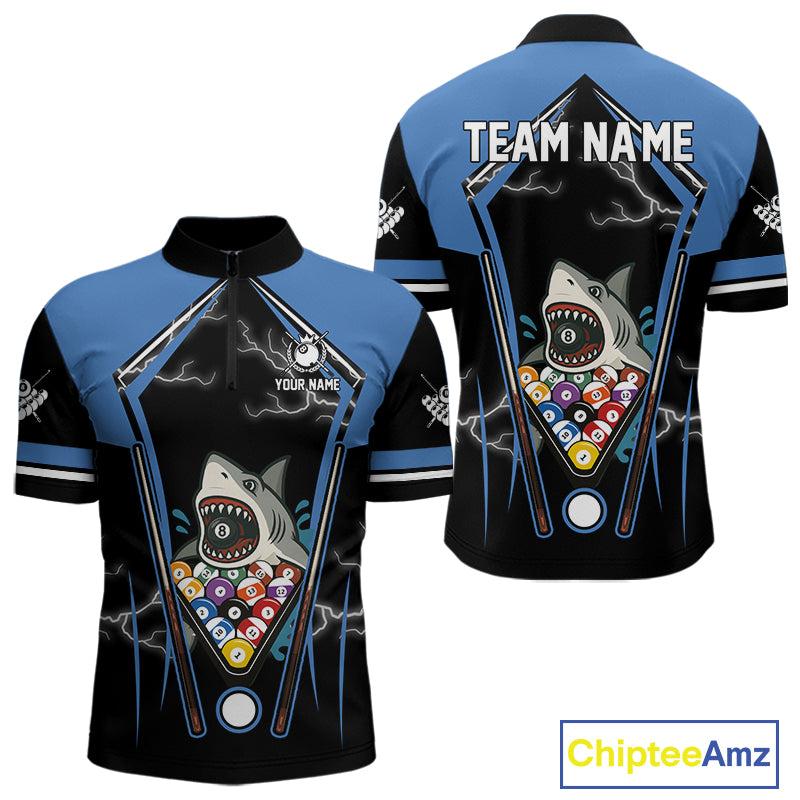 Black Blue Funny Pool And Shark Billiard Shirts For Men Custom 8 Ball Billiard Team Jerseys TDM4081