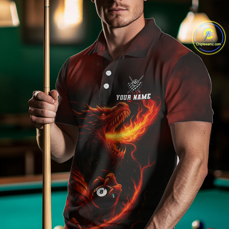 Personalized Flame Dragon 8 Ball Billiard Shirt For Men Custom Red Pool Team Jersey Polo, 1/4 Zip TDM4445