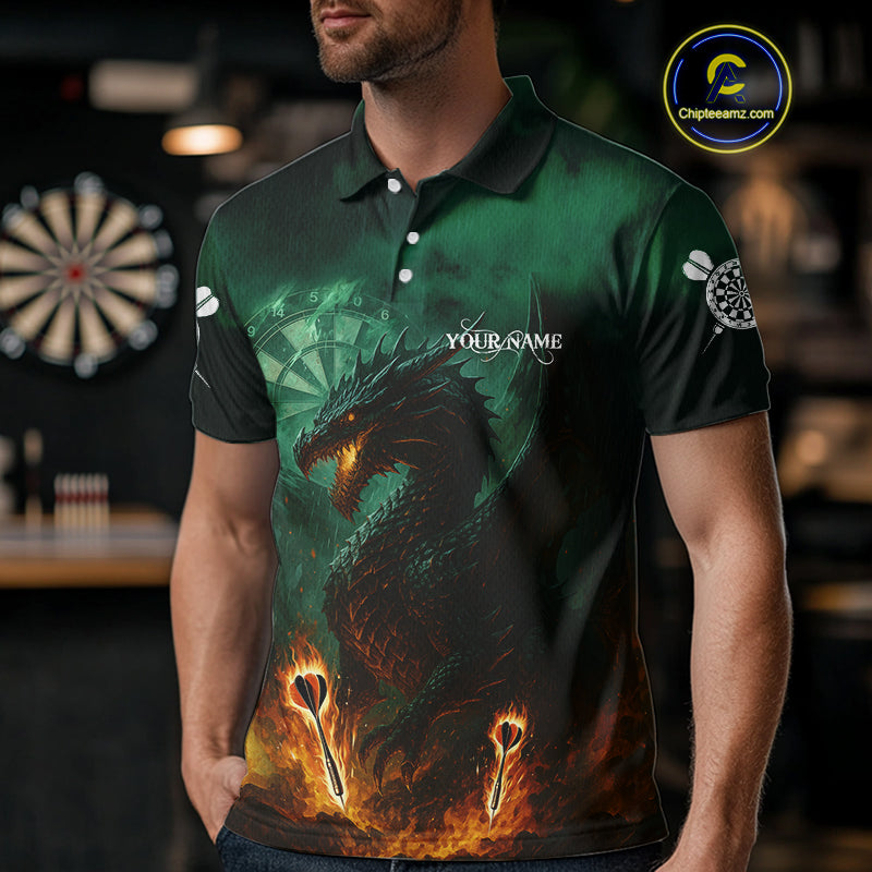 Personalized Fiery Arrow Dragon Green Darts Shirt For Men Custom Darts Jersey Team Polo & 1/4 Zip TDM4450