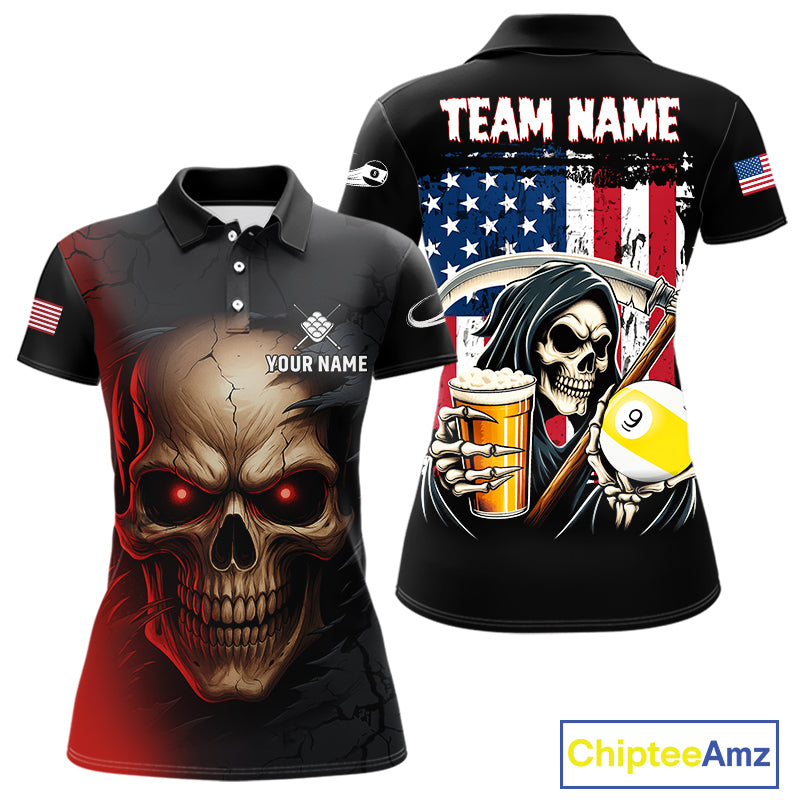 Funny Beer Grim Reaper 9 Ball Pool Billiard Shirt For Women Custom US Flag Billiard Team Jerseys TDM4279