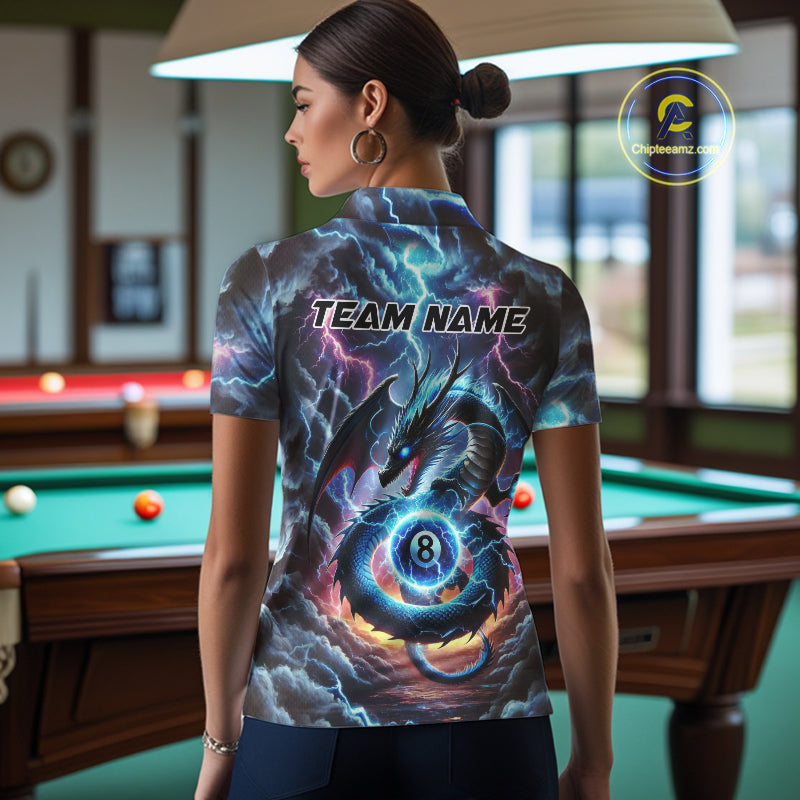 Personalized Blue Purple Thunder Lightning Dragon Billiard Shirt For Women, 8 Ball Pool Team Jersey TDM4483