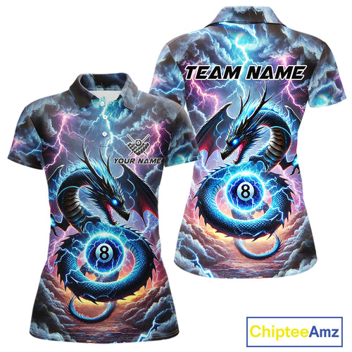 Personalized Blue Purple Thunder Lightning Dragon Billiard Shirt For Women, 8 Ball Pool Team Jersey TDM4483