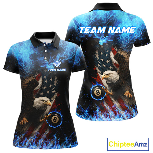 Blue Flaming American Flag Eagle Billiard Shirt For Women Custom 8 Ball Pool Jersey Polo & 1/4 Zip TDM4298