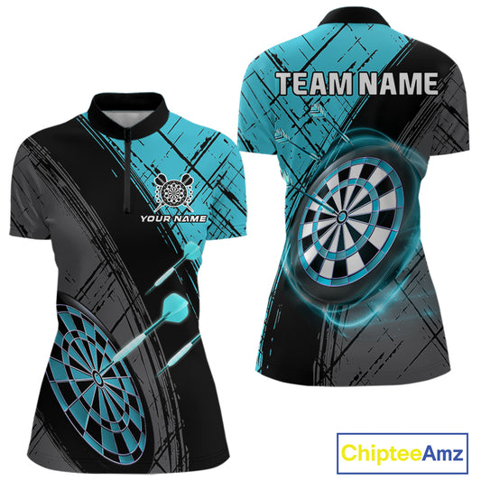 Grunge Cyan Black Dartboard Light Women Darts Polo & 1/4 Zip Custom Dart Shirt For Team Dart Jersey TDM4127
