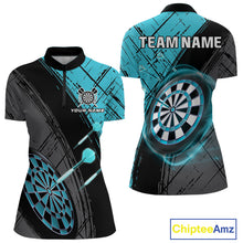 Load image into Gallery viewer, Grunge Cyan Black Dartboard Light Women Darts Polo &amp; 1/4 Zip Custom Dart Shirt For Team Dart Jersey TDM4127