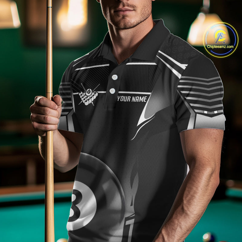 Black And Grey 8 Ball Pool Lights Billiard Polo & 1/4 Zip For Men Custom 3D Billiard Team Jerseys TDM4132
