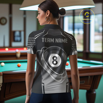 Black And Grey 8 Ball Pool Lights Billiard Polo & 1/4 Zip For Women Custom 3D Billiard Team Jerseys TDM4132