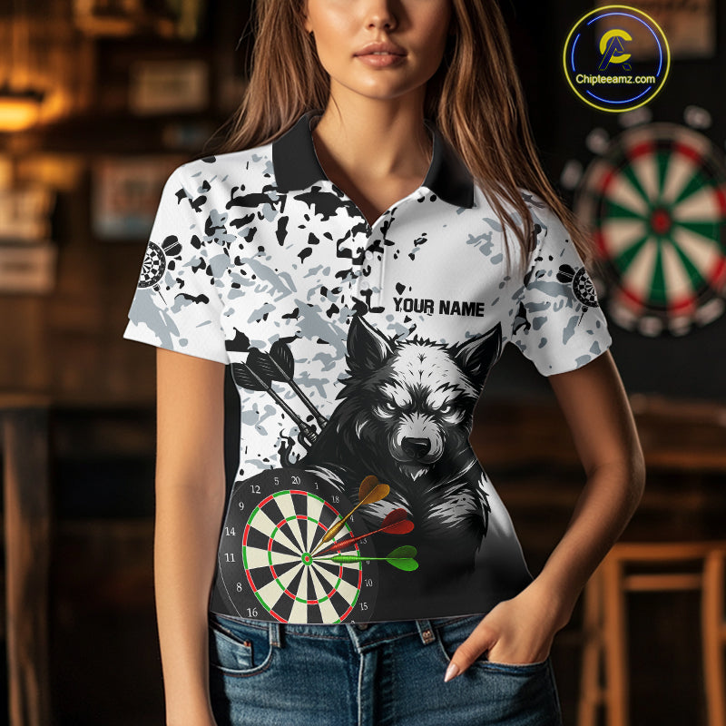 Personalized Grunge White Black Funny Wolf Darts Shirt For Women Custom Team Darts Jersey Outfit TDM4494