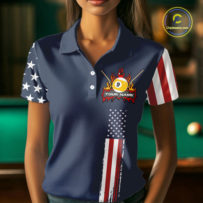 Personalized American Flag Blue Navy 9 Ball Pool Team Shirt For Women Custom Patriotic Billiard Shirt TDM4735