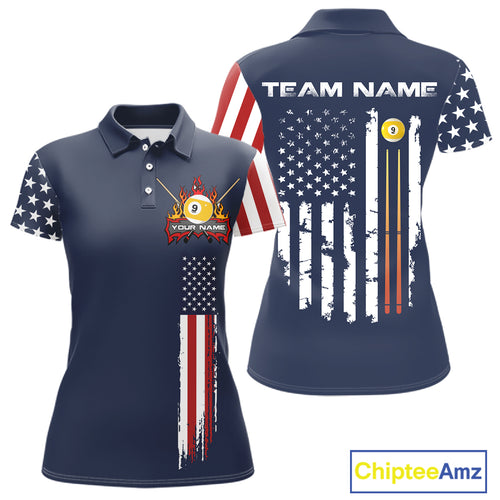 Personalized American Flag Blue Navy 9 Ball Pool Team Shirt For Women Custom Patriotic Billiard Shirt TDM4735
