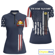 Load image into Gallery viewer, Personalized American Flag Blue Navy 9 Ball Pool Team Shirt For Women Custom Patriotic Billiard Shirt TDM4735