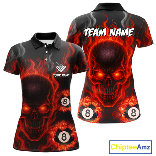 Red Flaming Skull 8 Ball Billiard Shirt For Women Custom Pool Jerseys Team Polo & Quarter Zip TDM4136